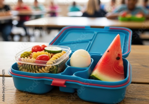 Nutritious lunchbox with pasta salad boiled egg and fresh watermelon slice