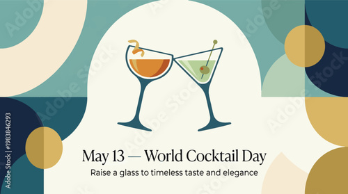 World Cocktail Day with two cocktail glasses toast, mixology and celebration concept, modern flat vector illustration
