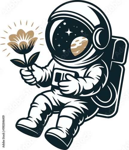 Astronaut in outer space holding a glowing flower on planet vector on white background.
