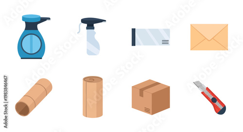 Assorted Packaging and Cleaning Supplies for Shipping and Maintenance