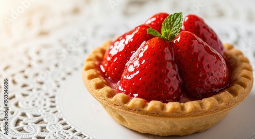 Delicious strawberry tart decorated with fresh glazed fruit and mint