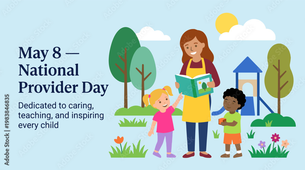Naklejka premium National Provider Day with caregiver teaching children outdoors, early childhood education and care concept, modern flat vector illustration