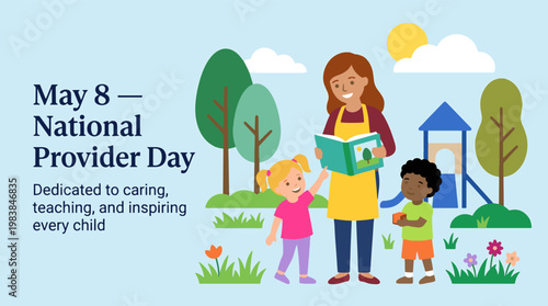 National Provider Day with caregiver teaching children outdoors, early childhood education and care concept, modern flat vector illustration