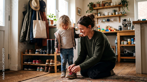 Man helps child tie shoes in home entryway