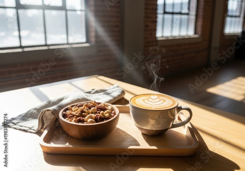 Cup of hot latte art and bowl of healthy nuts on table with morning sunlight