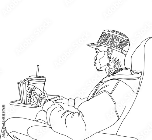 continuous line art of a stylish man wearing a hat sitting and holding a drink with popcorn on a tray.