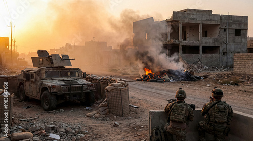 Fotografie Two military soldiers in protective gear observe a burning structure and military vehicle in a war-damaged landscape