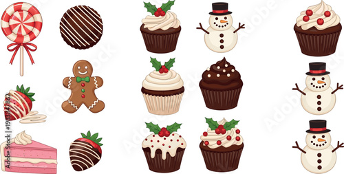 Christmas Sweets and Treats Set with Gingerbread Snowman Cupcakes Candy and Cake for Holiday Illustration Designs