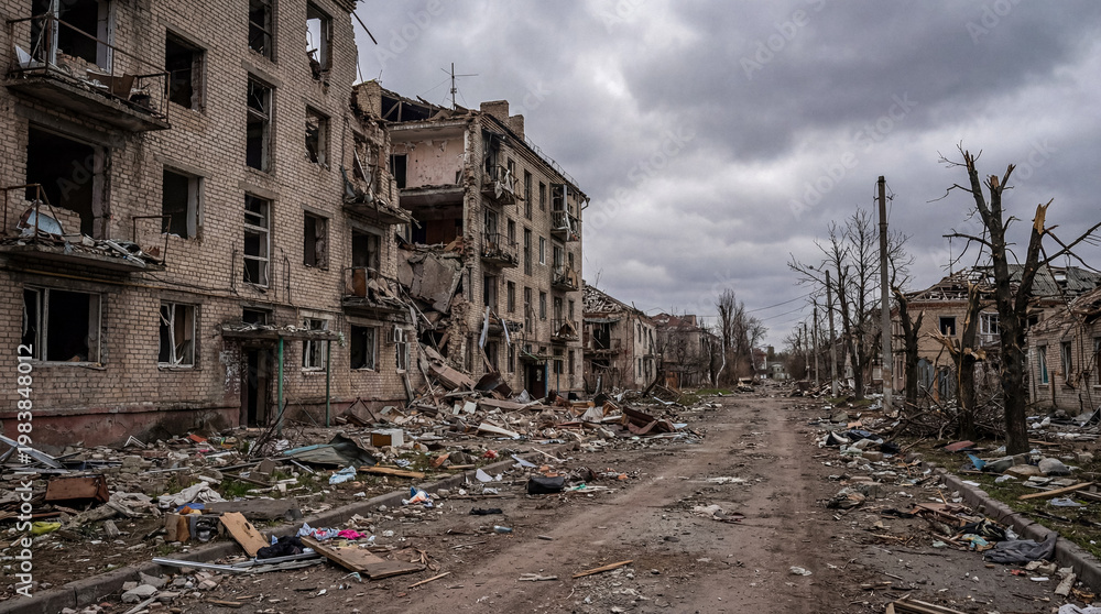 Fototapeta premium Devastated street in an urban residential area with severely damaged apartment buildings under a gloomy sky.