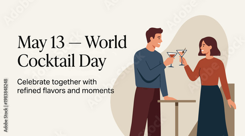World Cocktail Day with couple toasting drinks, mixology and celebration concept, modern flat vector illustration