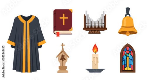 Religious Ceremonial Items including Clerical Robe, Cross, Candle and Church Stained Glass Window