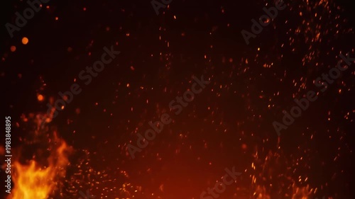 A mesmerizing display of fiery glowing embers and bright sparks ascending through a dark, dramatic atmosphere, creating a powerful, intense, and abstract background visual