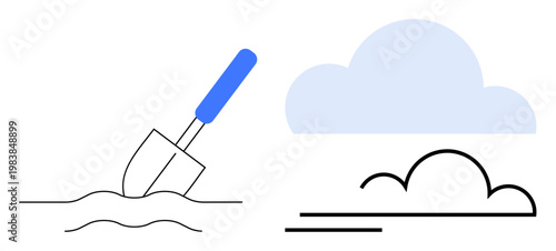 Data mining, digital transformation, cloud storage, excavation, technology progress, environmental impact. A shovel digging and a cloud icon. Data mining and digital transformation concept