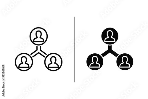 Teamwork network chart with connected people icons in outline and solid fill vector illustration