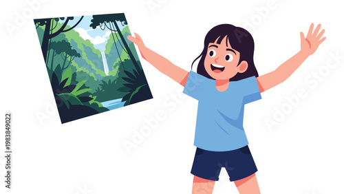 Happy cartoon girl displaying a vibrant jungle waterfall illustration, celebrating nature and adventure