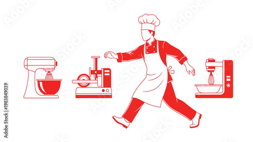 Dynamic chef running with professional kitchen appliances: mixers, food processor. Baking and cooking concept illustration.