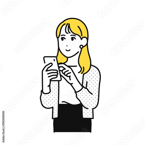 スマホを見るロングヘアの若い女性のイラスト素材