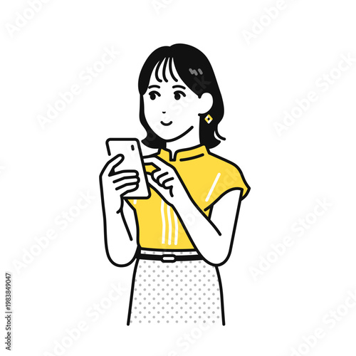 スマホを見る半袖の若い女性のイラスト素材