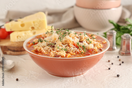 Bowl of pasta fagioli with ...