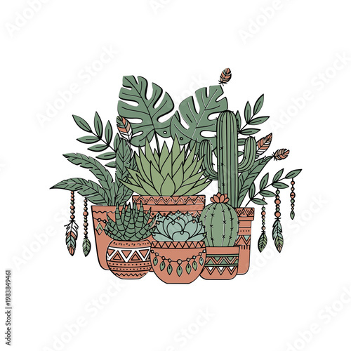Assortment of Potted Succulents and Cacti with Decorative Hanging Elements