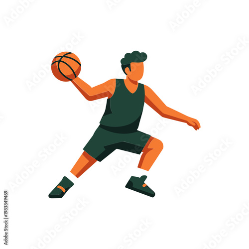 Athletic basketball player in motion, dribbling ball, dynamic action, flat design illustration