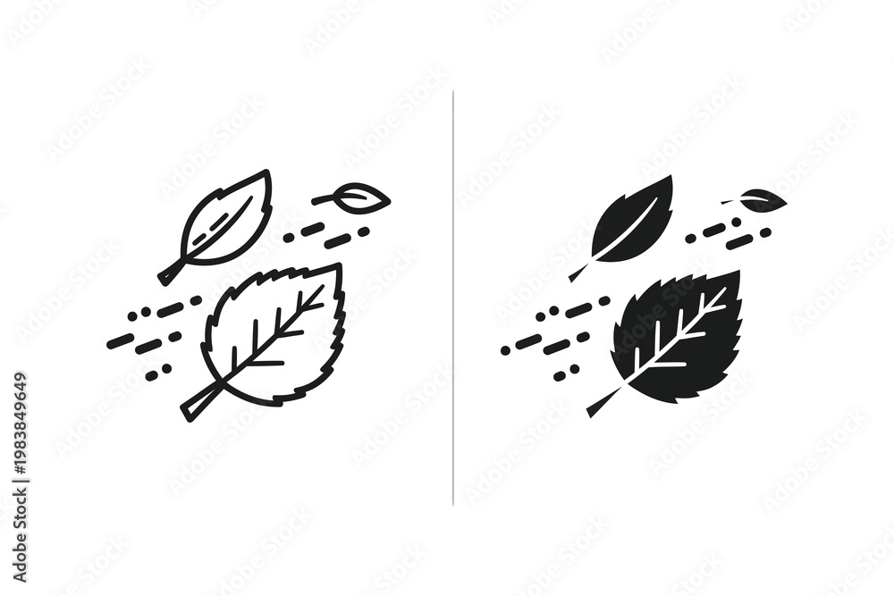 Fototapeta premium Vector illustration of flying leaves in outline and solid black, symbolizing nature and movement