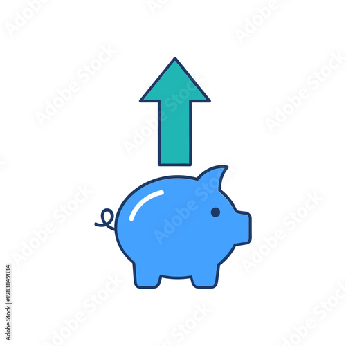 Blue piggy bank with upward arrow, symbolizing savings growth and financial increase