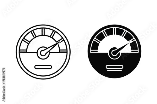 Speedometer Gauge Icon Set: Line Art and Solid Silhouette Vector Illustration