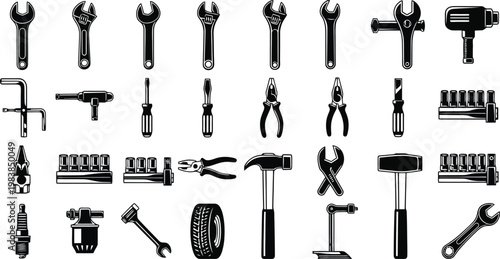 Collection of various tools for DIY projects and repairs including wrenches pliers hammers screwdrivers and more useful for handymen and professionals.