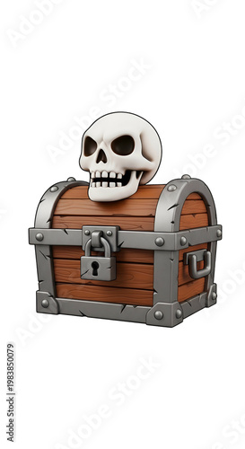 3D Wooden Treasure Chest with Skull Locked Isolated Transparent