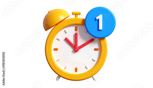 3D Yellow Alarm Clock With Blue Notification Badge and Red Hands