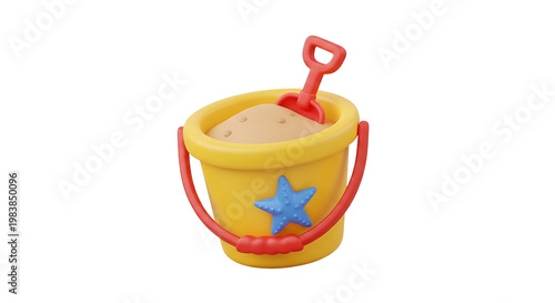 3D Yellow Beach Bucket With Sand and Red Shovel Starfish Isolated