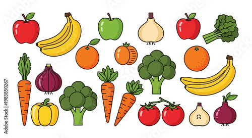 Variety of colorful fresh fruit vegetables.
