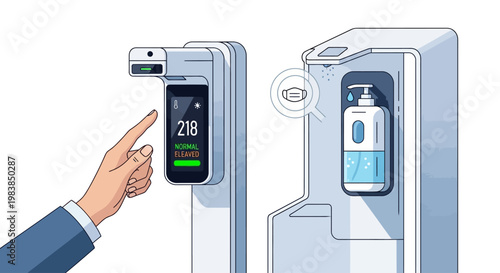Hand pointing at smart sanitizer dispenser.
