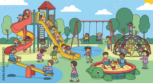 Children Playing on Colorful Playground Equipment.