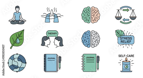 Mental Health Self Care Icons Set.