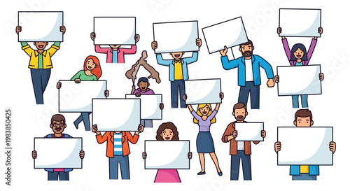 Diverse group of people holding signs.