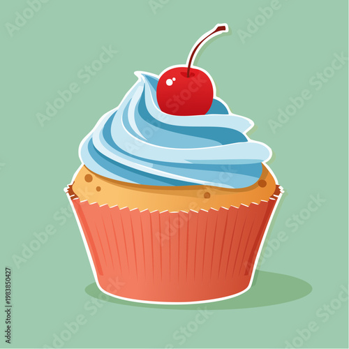 A colorful cupcake with blue frosting.
