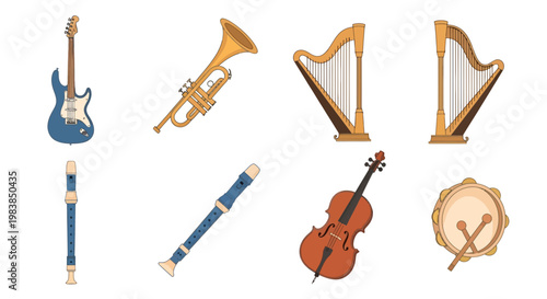 Variety of Musical Instruments Displayed on White Background