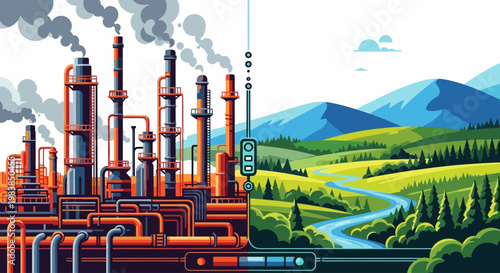 Industrial Factory with Smoking Pipes.