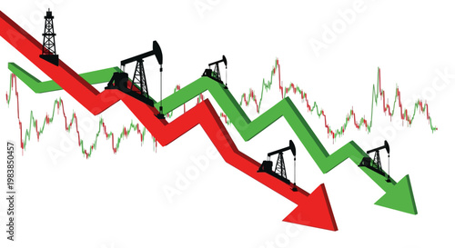 Oil Pump Jacks on Downward Trend Graph.