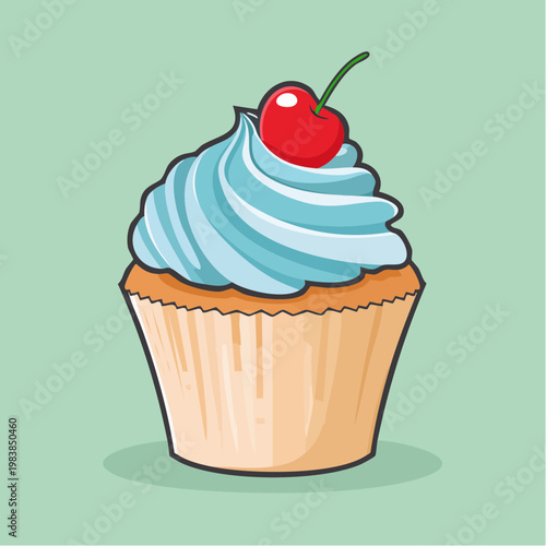 A cartoon illustration of a cupcake with blue frosting and a cherry on top.