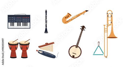 Collection of Musical Instruments Including Piano, Guitar, Flute, and Drums