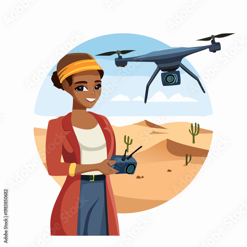 Woman operating a drone outdoors.