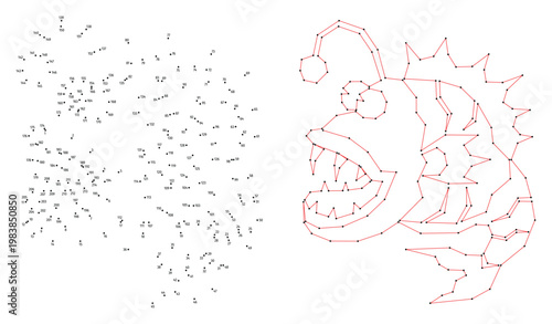 An anglerfish. Connect the dots educational drawing game. Dot to dot by numbers puzzle. Google Font Fira Sans Condensed.