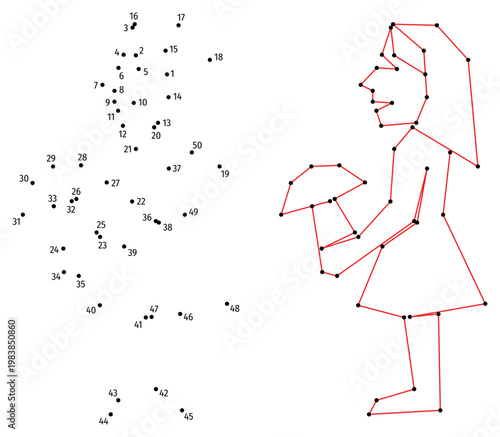 A girl holds a large mushroom in her hands. Connect the dots educational drawing game. Dot to dot by numbers puzzle. Google Font Fira Sans Condensed.
