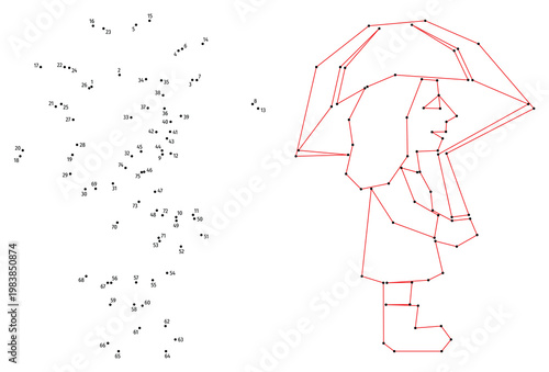 A girl with an umbrella. Connect the dots educational drawing game. Dot to dot by numbers puzzle. Google Font Fira Sans Condensed.