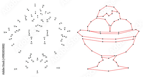Three scoops of ice cream in a sundae bowl. Connect the dots educational drawing game. Dot to dot by numbers puzzle. Google Font Fira Sans Condensed.