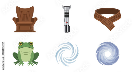 Collection of Diverse objects including chair, telescope, belt, frog, and swirling wind patterns