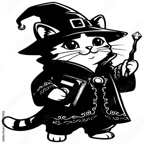 Wizard Cat's Magic: An enchanting illustration of a wizard cat, clad in a mystical robe and hat, wielding a magic wand and spellbook, evokes wonder and imagination.